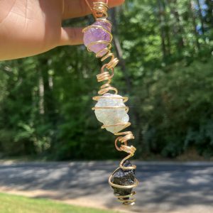3 Crystal Car Hanger Charm: Amethyst, Fluorite, Black Tourmaline